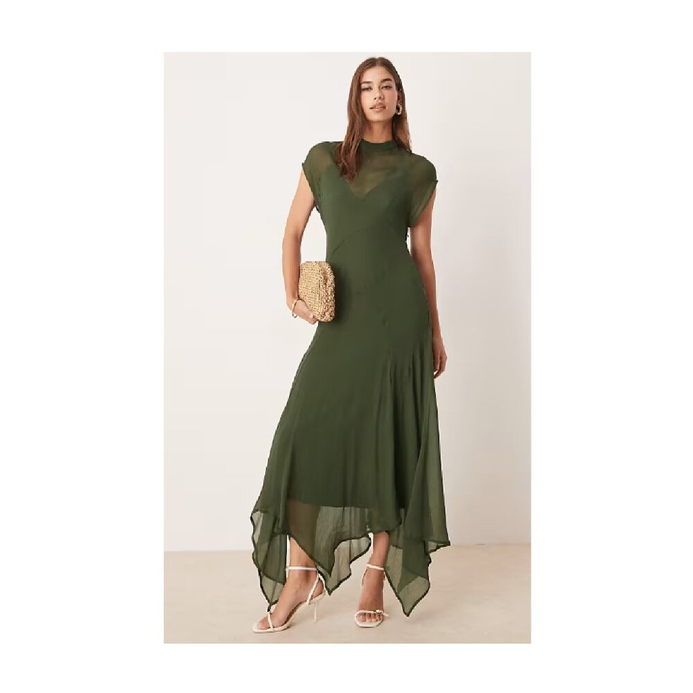 ASOS Design High-Neck Hanky Hem Chiffon Maxi Dress, Dark Moss, size 14 (altered)